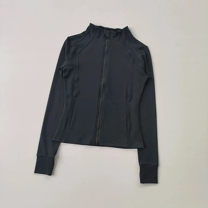 Women’s fitness zip sports jacket by The Clothing Company Sydney, long sleeve yoga and workout top, slim fit activewear coat.