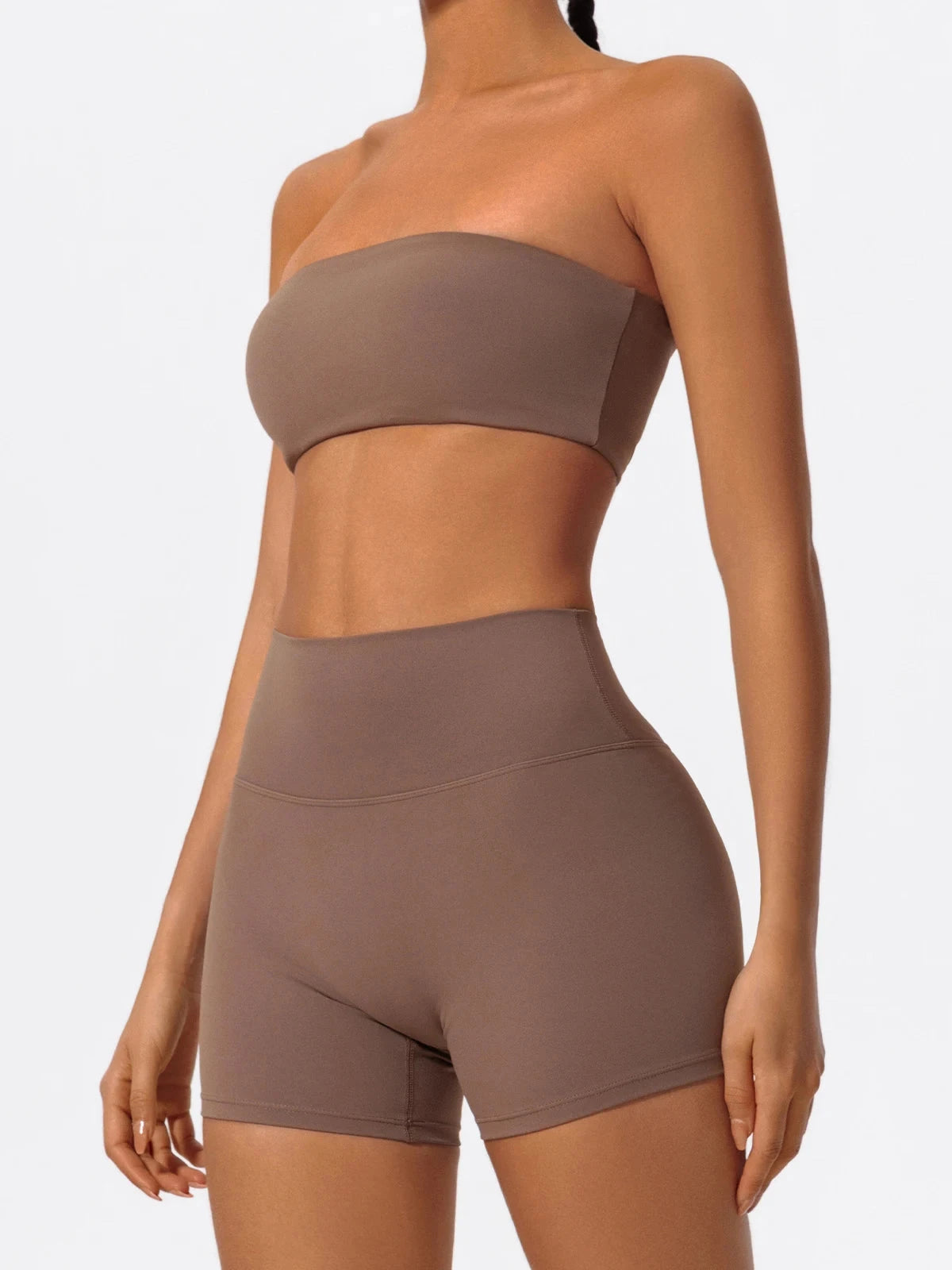 Two-piece women's fitness sports set including a strapless bra and yoga crop top from The Clothing Company Sydney for workout and gym.