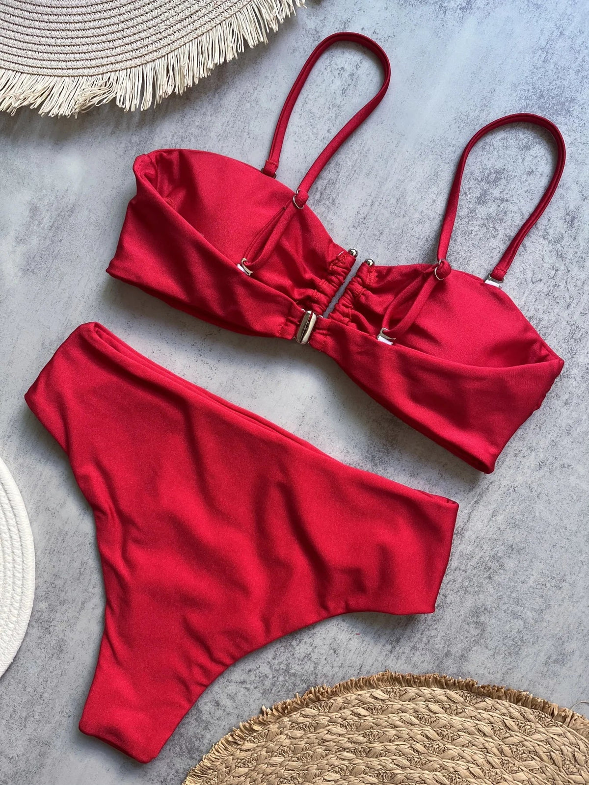 Two-piece bandeau bikini set by The Clothing Company Sydney featuring push-up swimwear, solid color, thong style, perfect for beachwear.