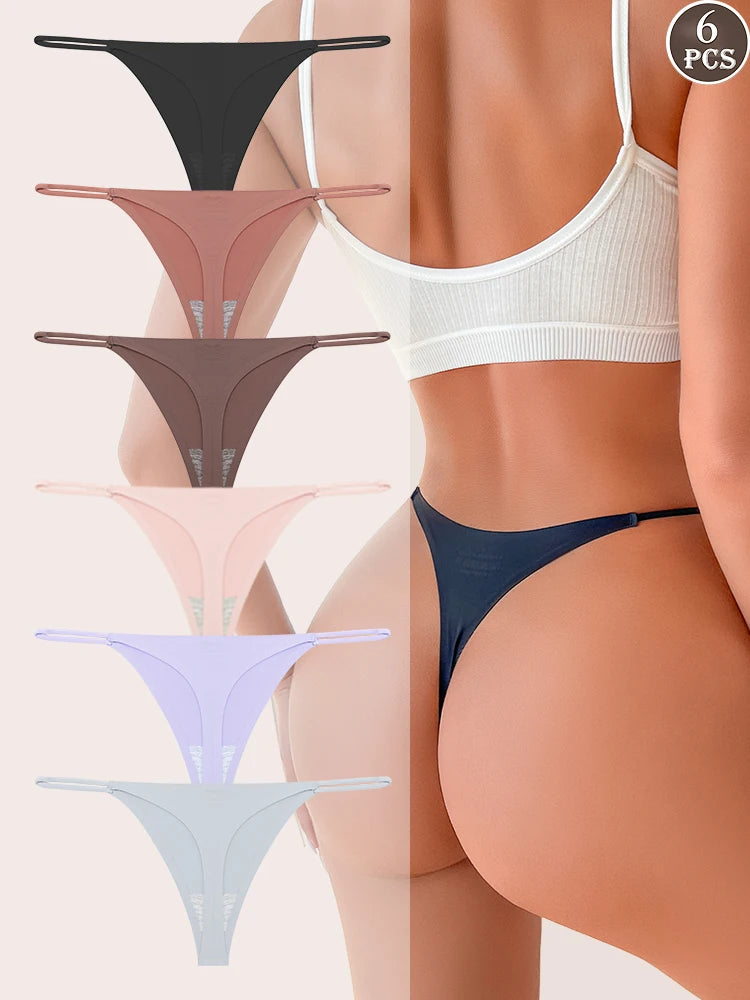 6 pack seamless thong panties, thin strap low waist T-back briefs in assorted colors