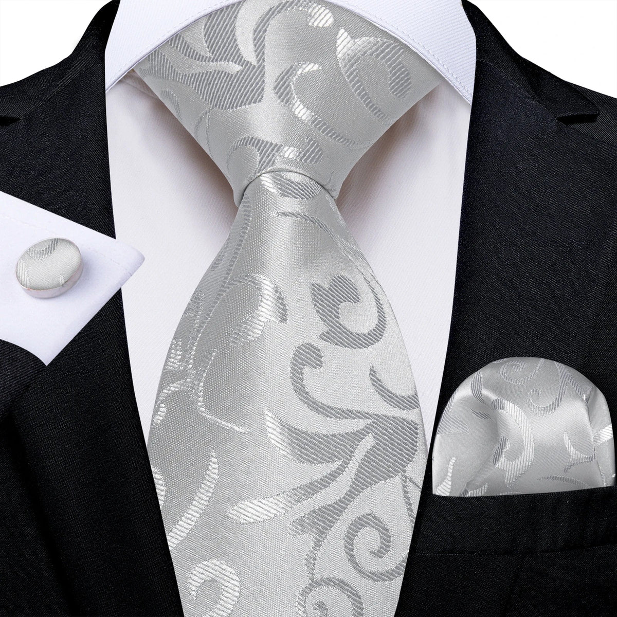 Men's gray paisley silk tie set with matching pocket square and cufflinks, stylish wedding accessory from The Clothing Company Sydney.