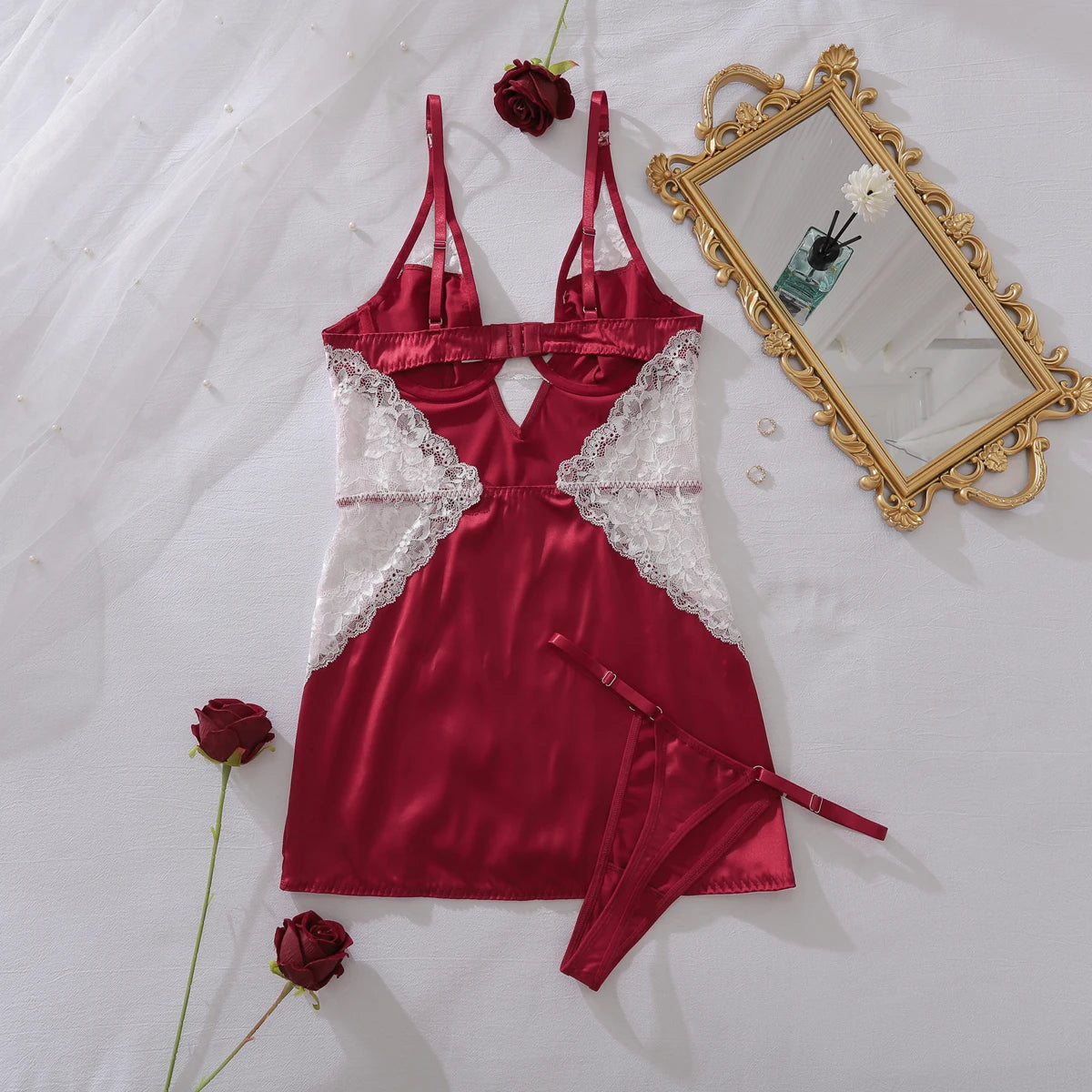 Deep-V neck satin lingerie night dress with lace patchwork and split design, perfect for women’s elegant sleepwear.