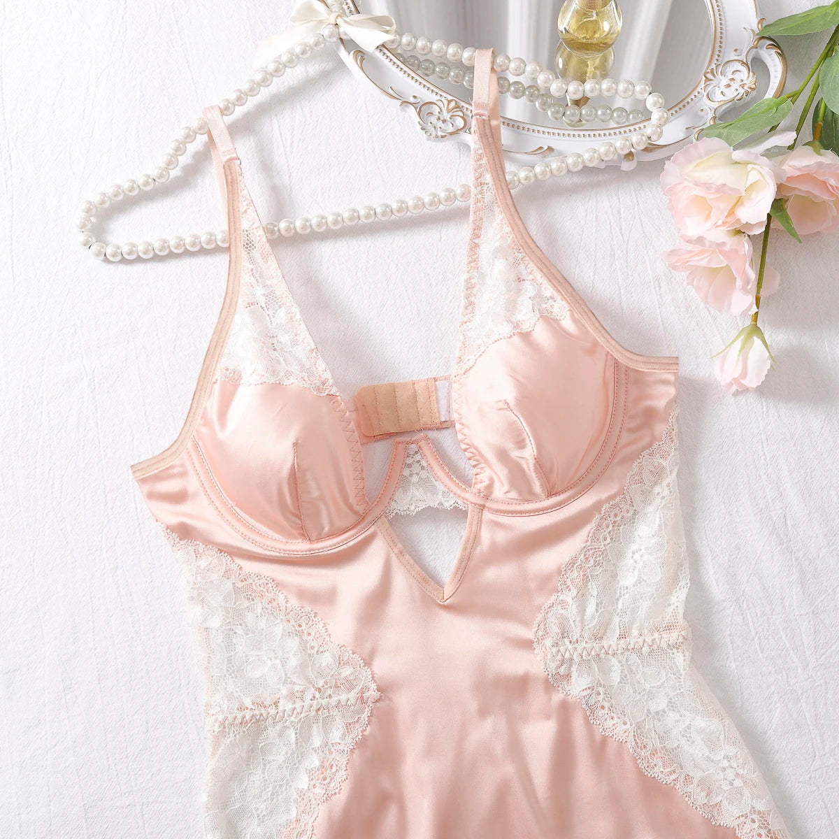 Deep-V neck satin lingerie slip dress with lace patchwork and split design, stylish nightwear for women by The Clothing Company Sydney