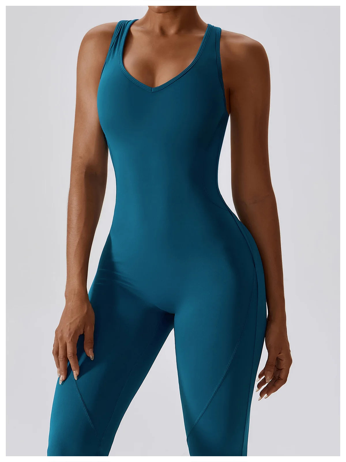 Open back V jumpsuit fitness set by The Clothing Company Sydney, featuring stretch fabric, suitable for yoga, gym, and workout activities.