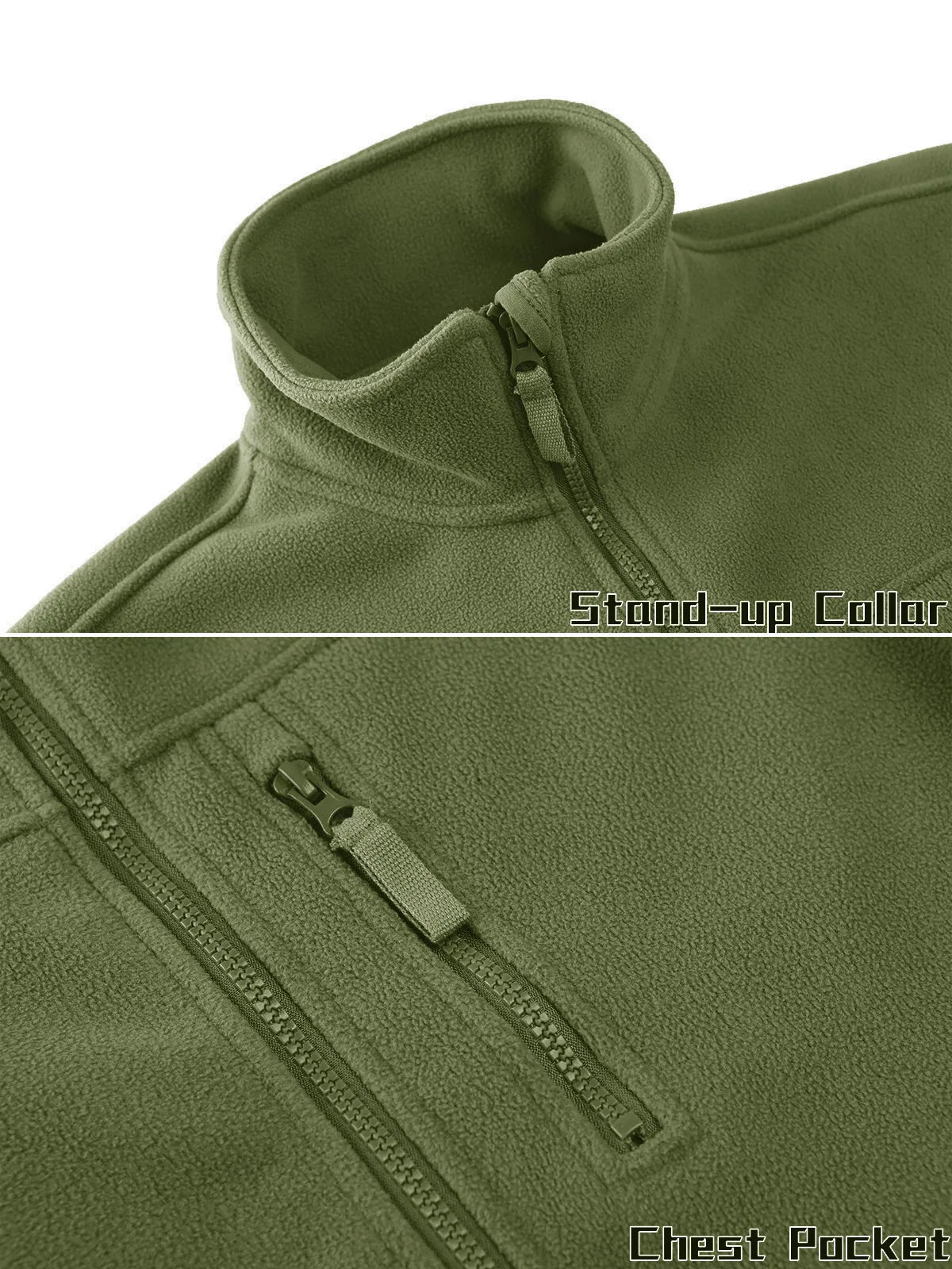 Men's green tactical fleece jacket with full zip, thermal lining, pockets, and windbreaker design for outdoor work and hiking.