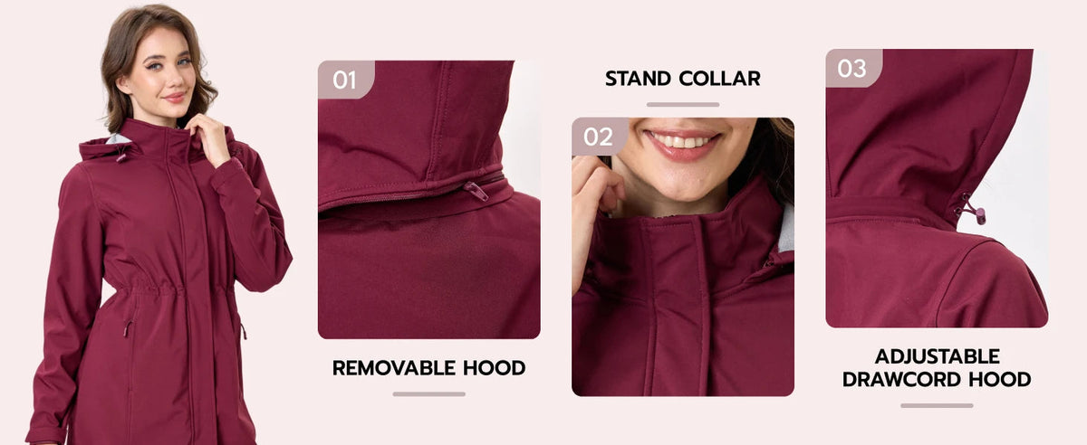 Women’s long fleece-lined softshell jacket by The Clothing Company Sydney, windproof hooded raincoat with a warm, outdoor-ready design.