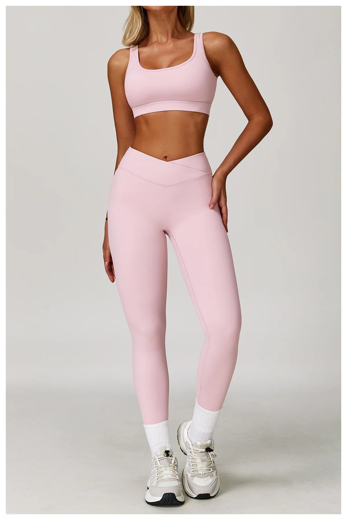 Women's fitness yoga and gym outfit set by The Clothing Company Sydney, includes sports bra and matching leggings for workout.