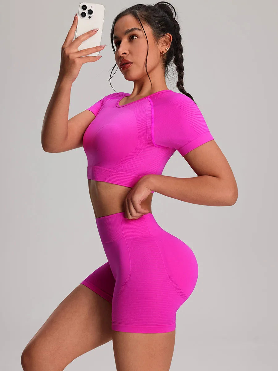 Women’s 2-piece yoga and sports shorts set by The Clothing Company Sydney, seamless workout vest and bike shorts for activewear.