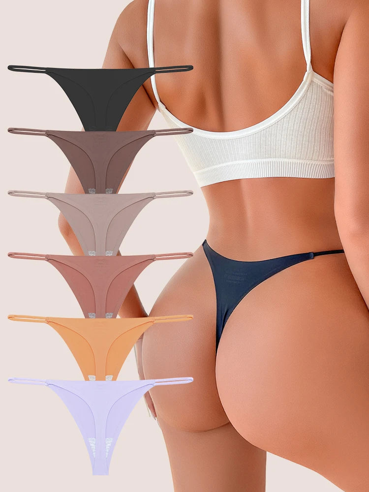 6-pack seamless thong panties with thin straps, low waist, high-stretch T-back briefs, front and back view