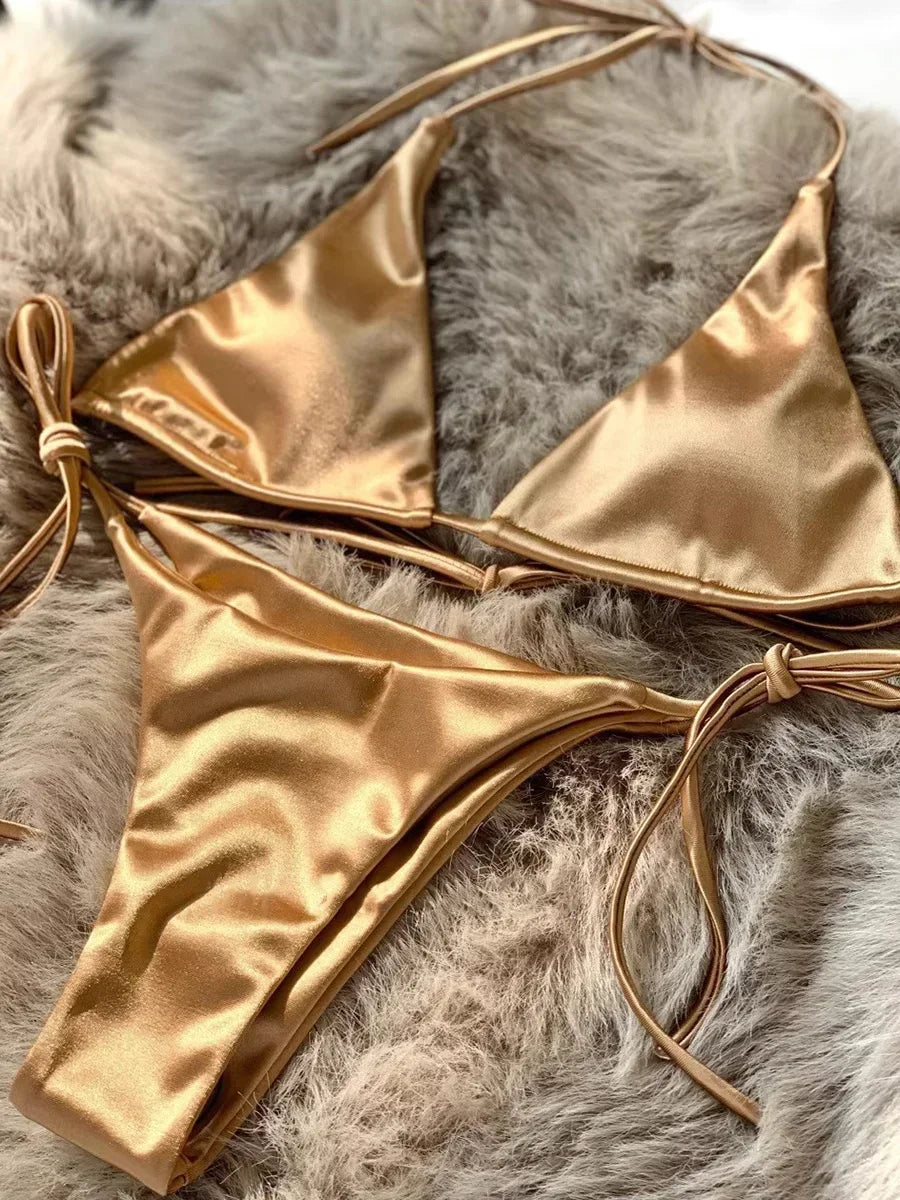 Two-piece halter Brazilian metallic satin swimsuit by The Clothing Company Sydney, featuring a high-cut bikini design for beachwear.