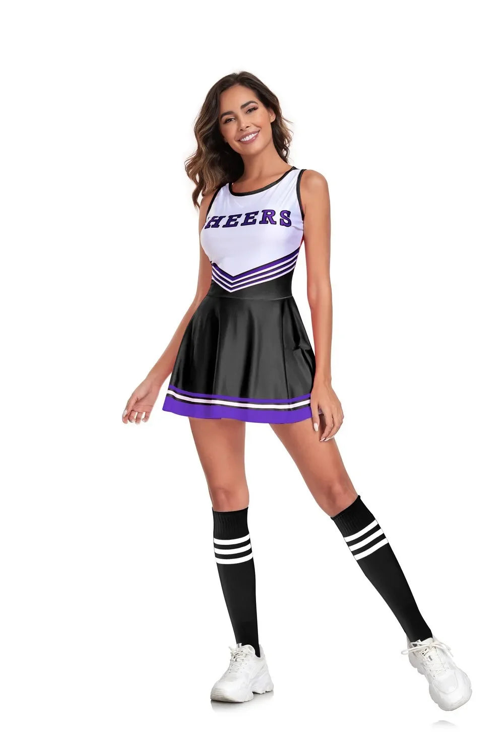 Women’s cheerleader costume set featuring a sporty uniform with pleated skirt and top, perfect for Halloween or cosplay events.