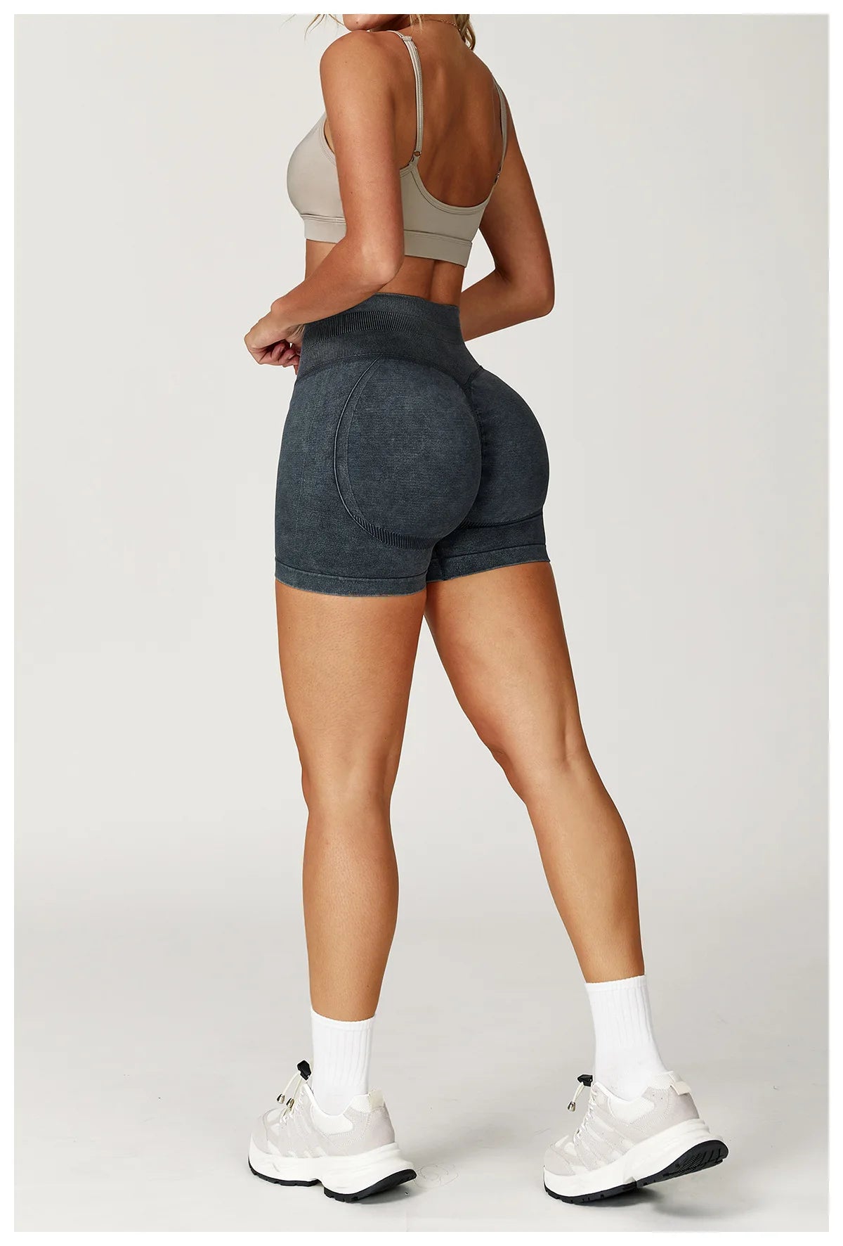 Sand washed high waist yoga bicycle shorts for women, featuring a flattering fit for fitness, running, and gym workouts.