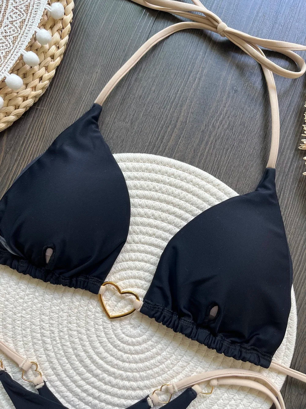 Solid color halter bikini set for women, two-piece swimsuit with triangle and thong bottoms, by The Clothing Company Sydney.