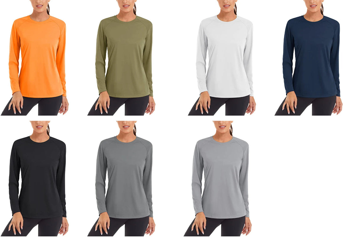Women’s UPF 50+ quick dry long sleeve swim T-shirt by The Clothing Company Sydney, featuring UV protection and sporty performance fabric.