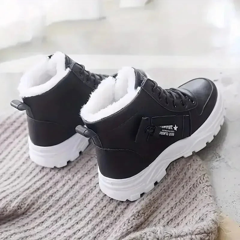 Women’s high-top snow boots by The Clothing Company Sydney featuring warm lace-up design, wedge sole, and cozy flannel lining.