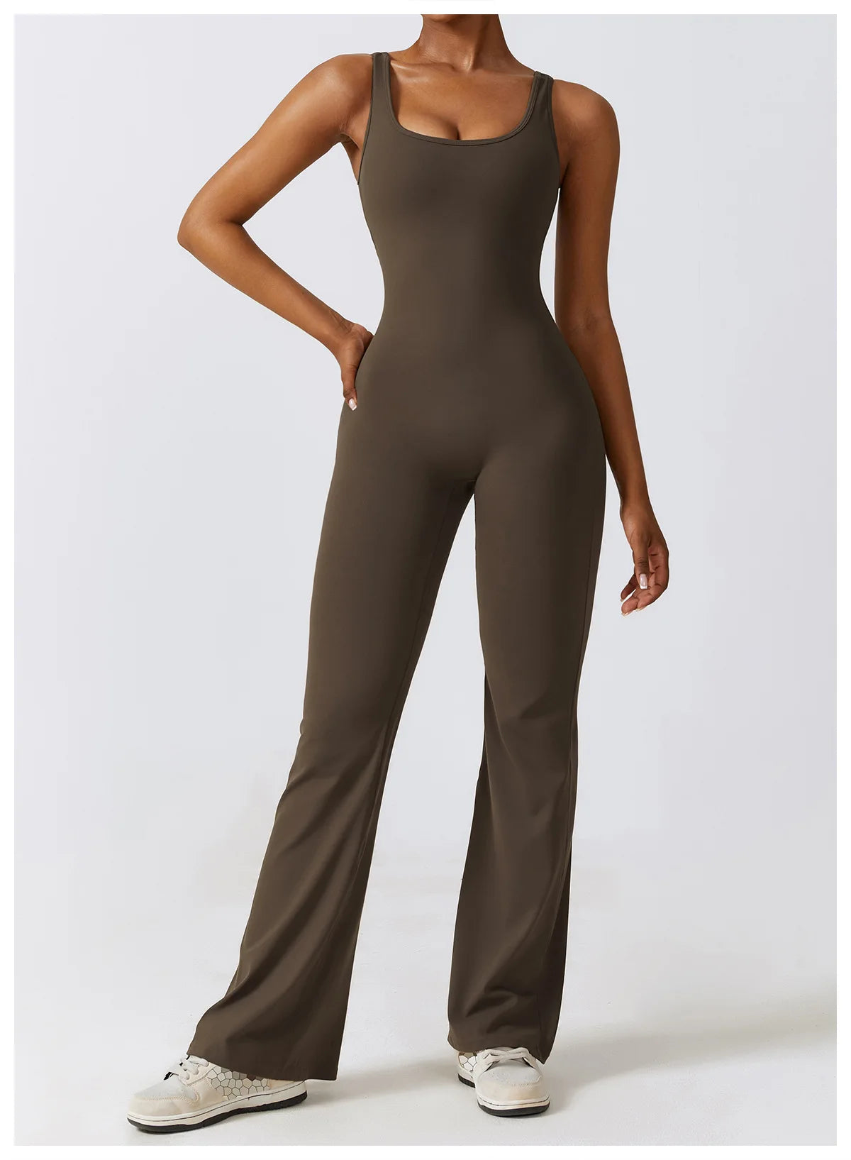 Open back V jumpsuit gym set for women, stylish fitness romper with stretch fabric, ideal for yoga, training, and workout routines.