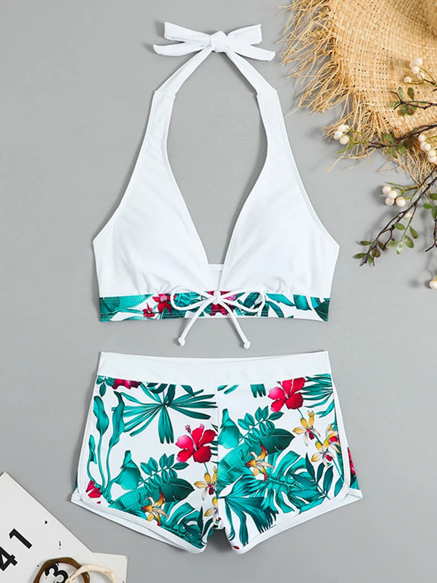 2 Piece Halter Bikini Set Shorts Swimsuit High Waist Swimwear Female Printed Bathers Swimming Bathing Swim Suit Beachwear - The Clothing Company Sydney
