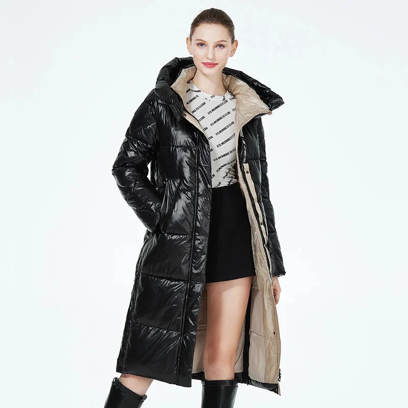 Women's long hooded winter parka by The Clothing Company Sydney, thick quilted puffer jacket with front pockets.