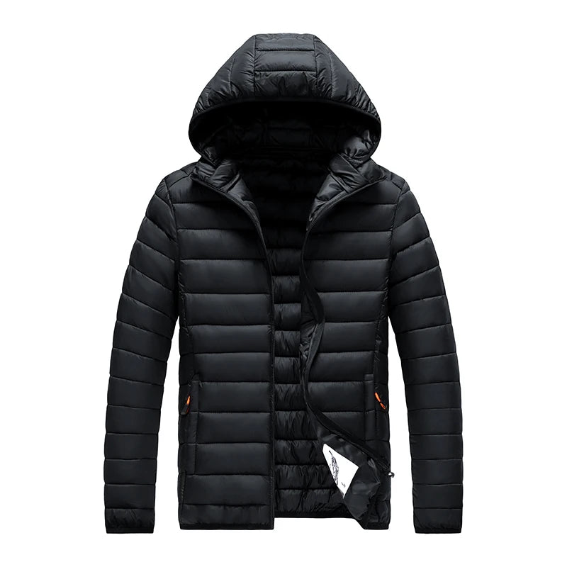 Mens hooded casual puffer down jacket by The Clothing Company Sydney, featuring quilted design and front zipper closure.