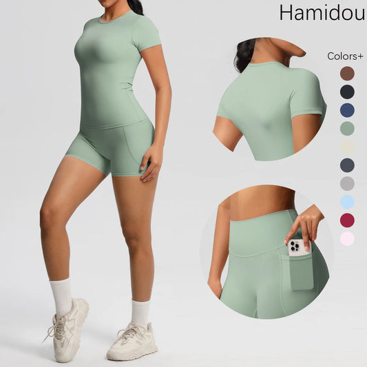 Workout Sportswear 2 Piece Piece Female Yoga Shirt Push Up Workout Clothes Outdoors Sport High Waist Fitness Sport Shorts