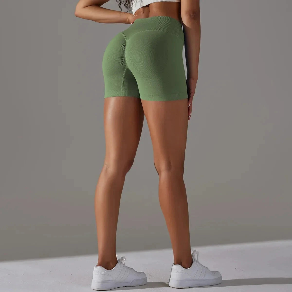 Women’s high waist fitness yoga leggings by The Clothing Company Sydney, seamless sports bike shorts with scrunch butt design.