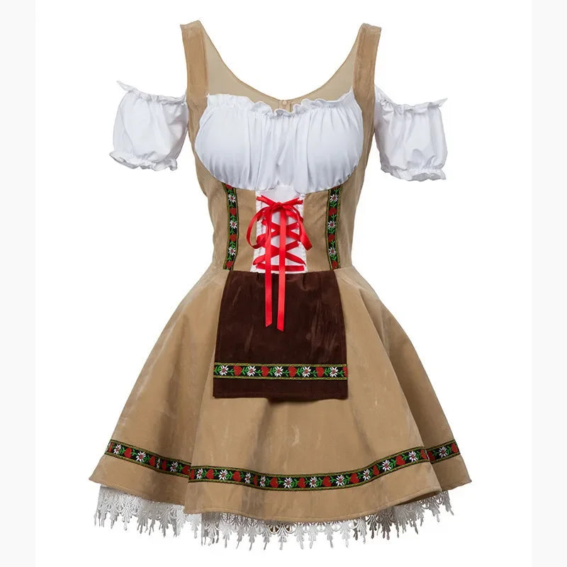 Couples Oktoberfest costume for bartender or waitress cosplay, featuring traditional festive attire for Halloween or carnival parties.