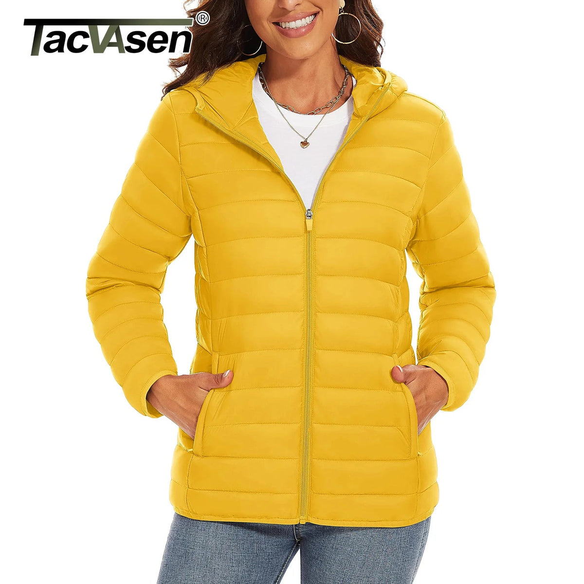 Warm puffer women's waterproof quilted hooded jacket with full zip, multiple pockets, lightweight down coat for winter outdoor activities.
