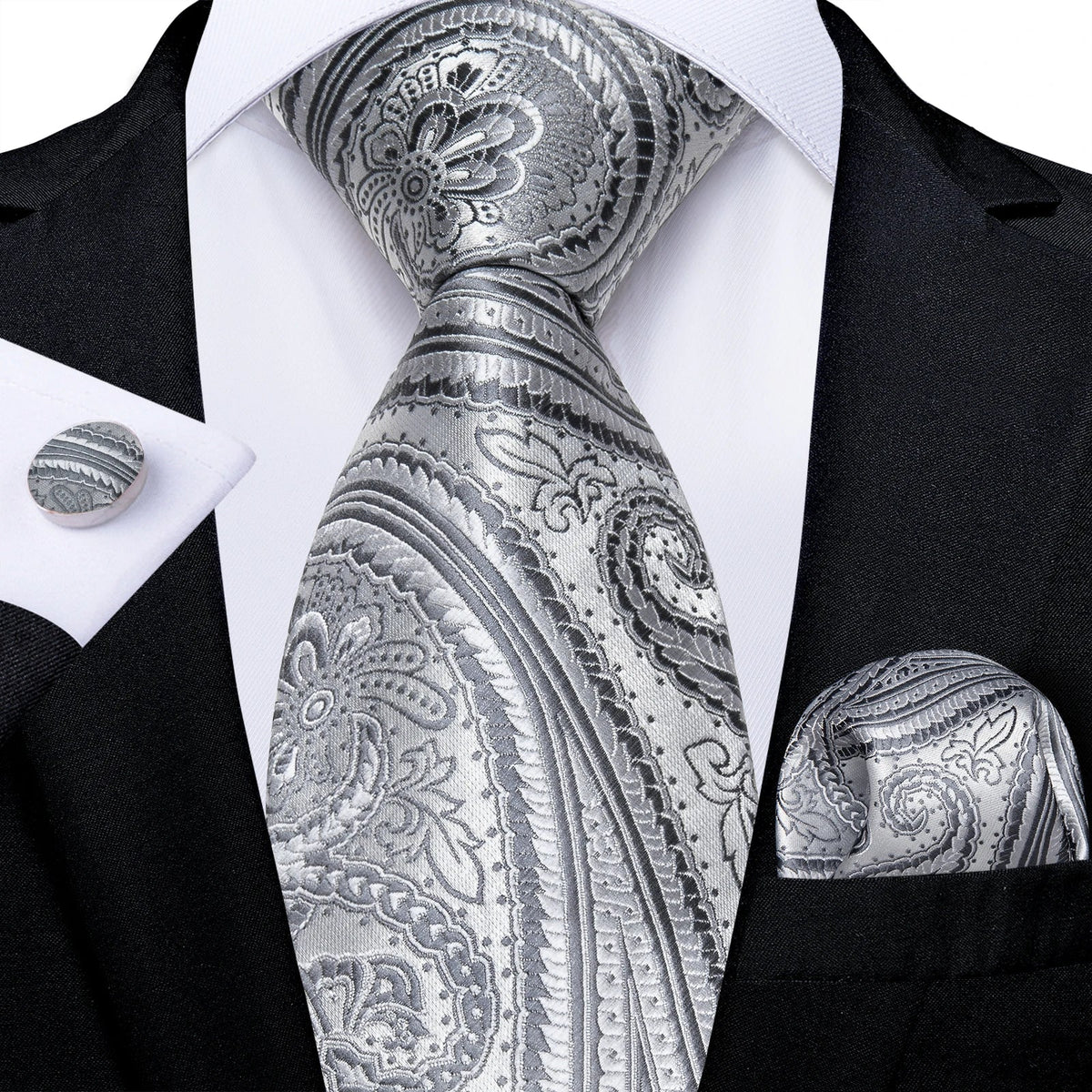 Men's gray paisley silk tie set with wedding tie, pocket square, and cufflinks from The Clothing Company Sydney