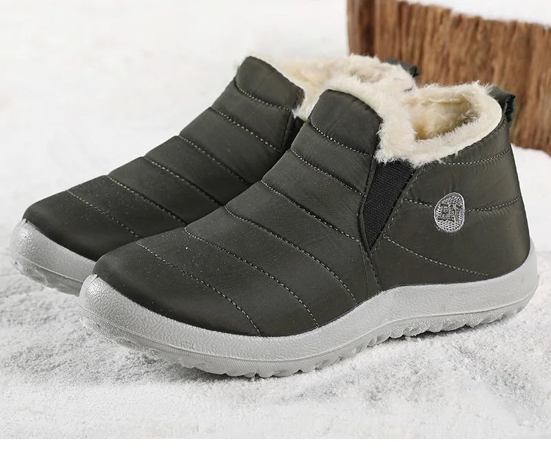 Men's waterproof winter ankle boots by The Clothing Company Sydney, slip-on fur-lined snow shoes with rugged soles.