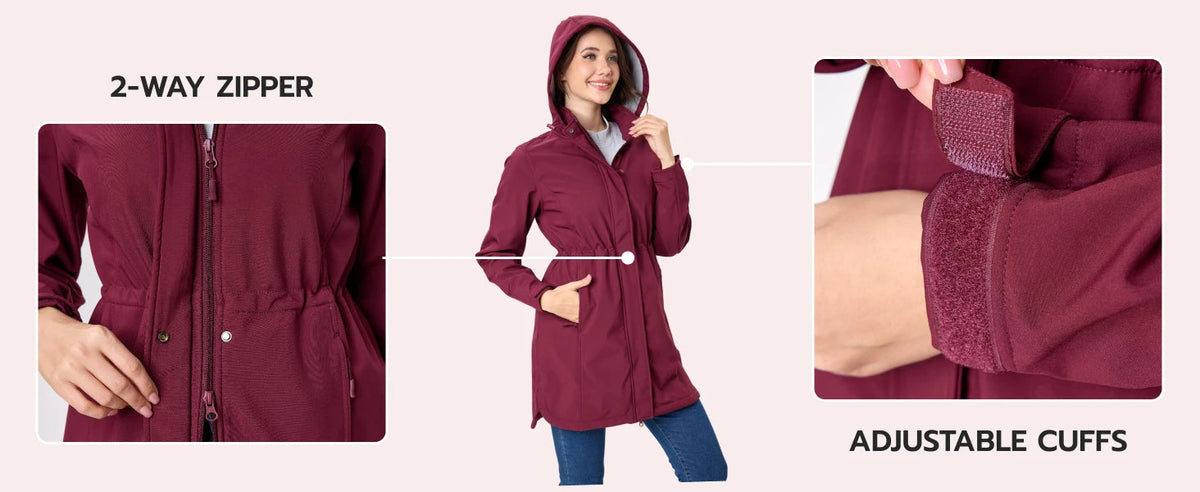Womens long fleece-lined softshell jacket by The Clothing Company Sydney with hood, windproof, rain-resistant outdoor winter coat