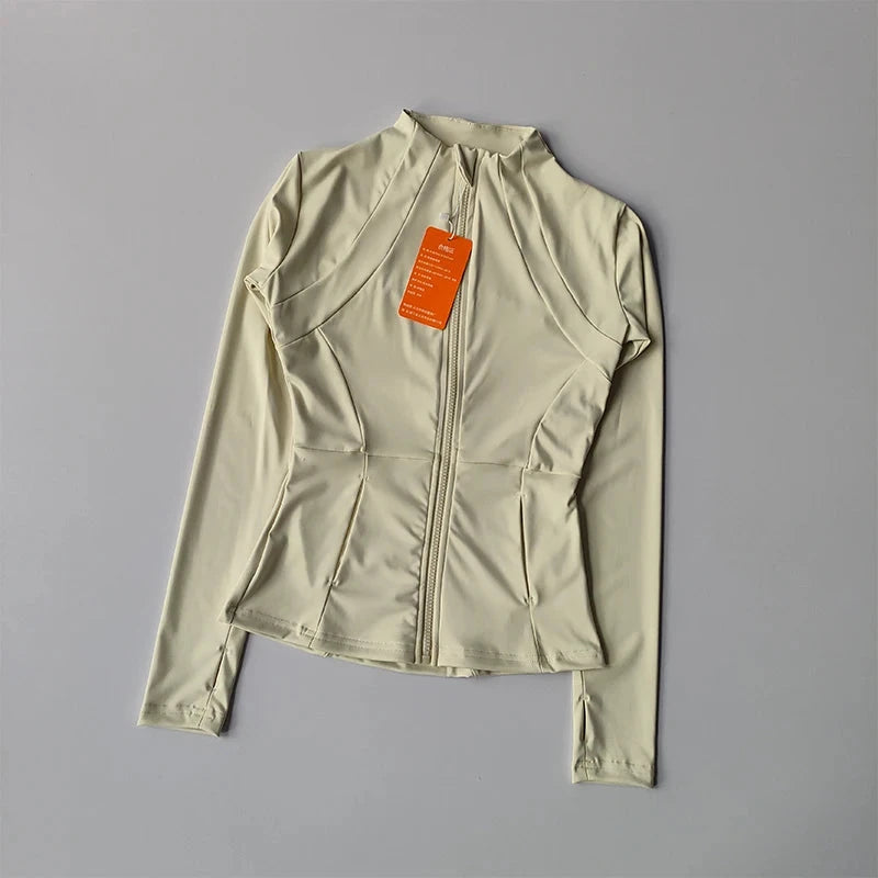 Women’s slim-fit fitness sports jacket by The Clothing Company Sydney, long sleeve zip-up gym and yoga workout top.