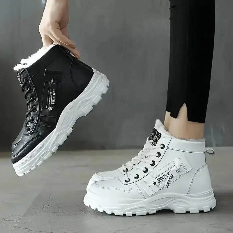 Women’s winter high-top snow boots by The Clothing Company Sydney, warm lace-up wedge sneakers with flannel lining and durable sole.