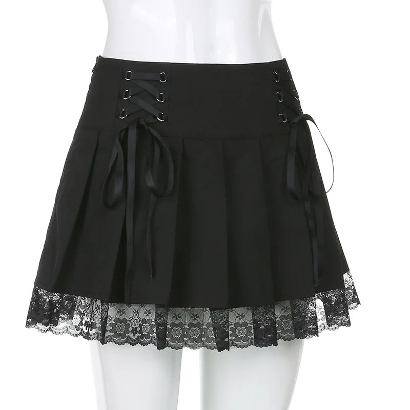 Black retro pleated skirt from The Clothing Company Sydney featuring lace-up high waist, plaid pattern, mesh stitching, and gothic Y2K style.