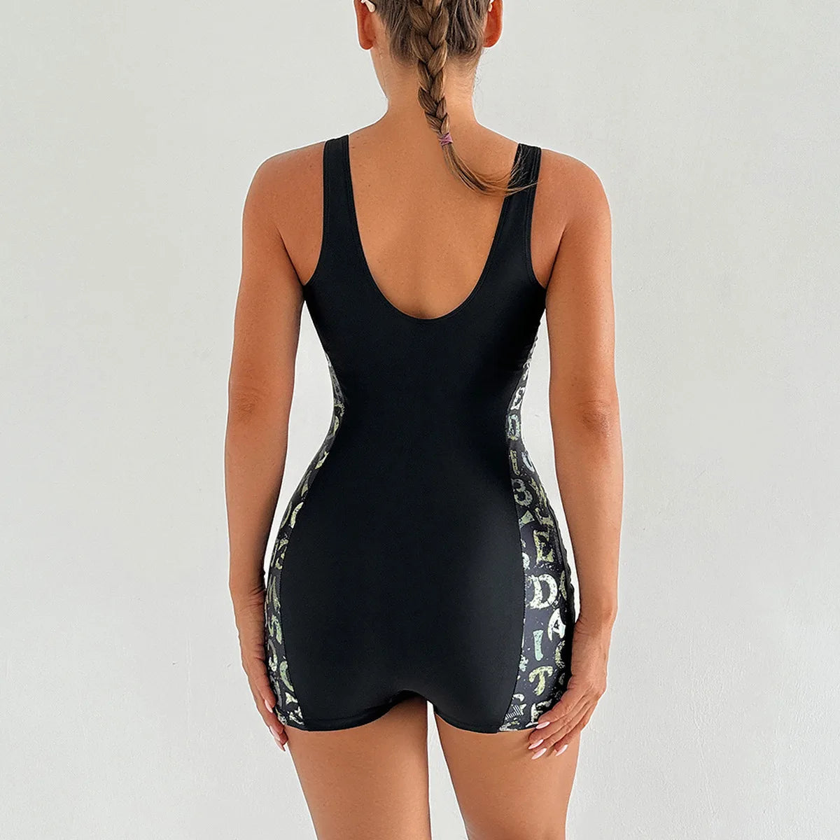 Women’s boyleg one piece swimsuit with printed side panels by The Clothing Company Sydney