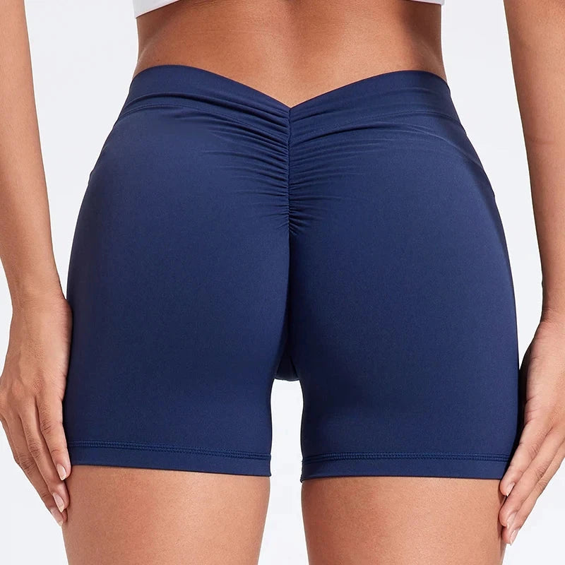 High-waisted V-back yoga shorts by The Clothing Company Sydney, form-fitting nylon fitness shorts for training and sports.