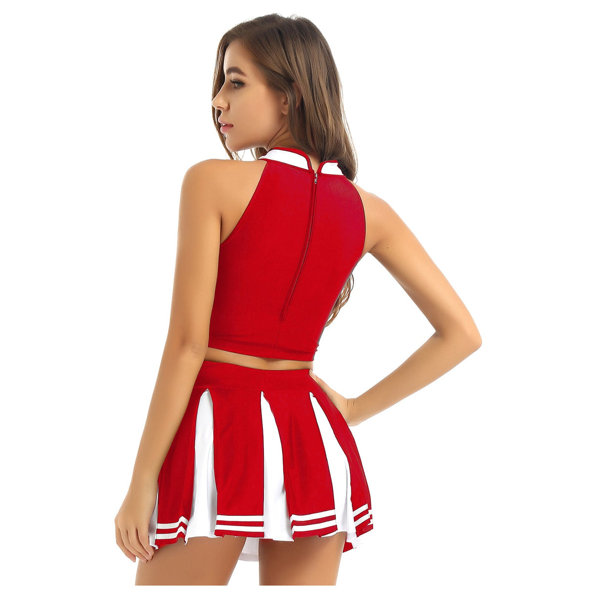 Women's cheerleader cosplay costume from The Clothing Company Sydney, featuring a stand collar crop top and mini pleated skirt.