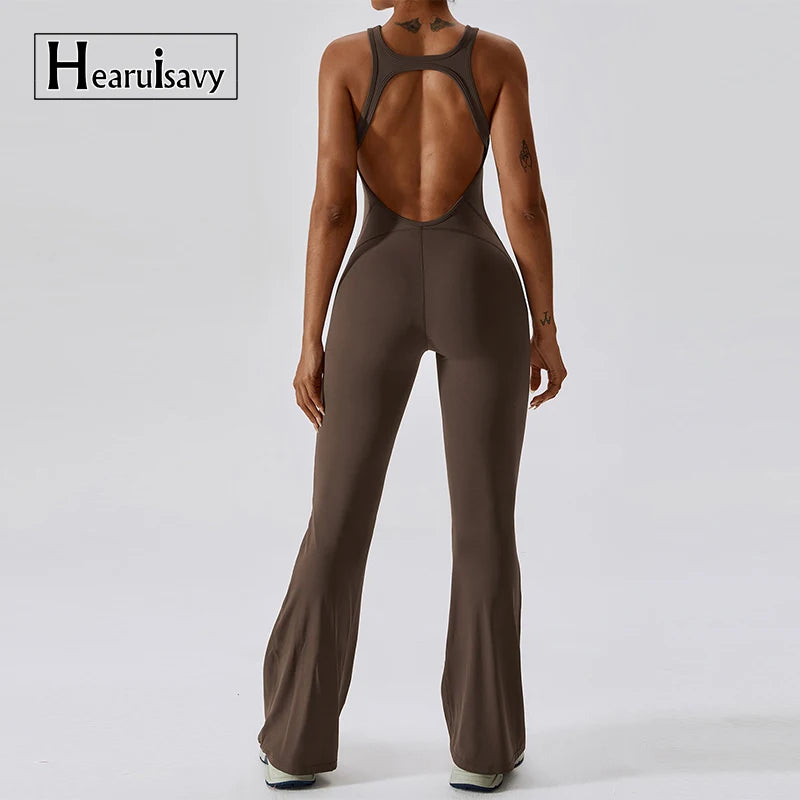 Open back V jumpsuit gym set for women, The Clothing Company Sydney fitness sportswear with stretch fabric for yoga and workout sessions.