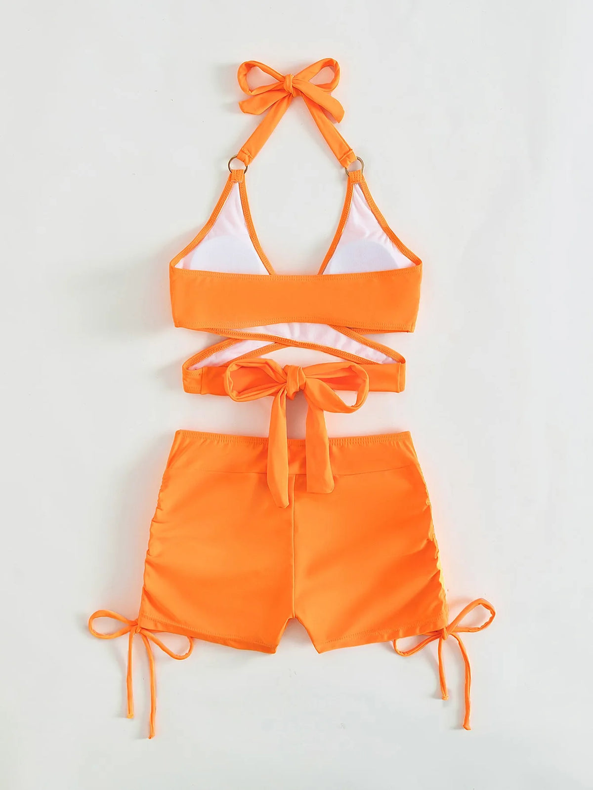 High waist two-piece bikini swimsuit with hollow design, cross gather detail, and drawstring, perfect for summer beachwear.