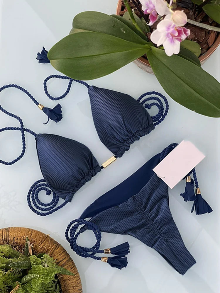 Backless women's bikini swimwear with rope triangle top by The Clothing Company Sydney, featuring a stylish and minimal design.