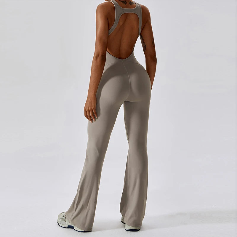 Open back V jumpsuit gym set by The Clothing Company Sydney, women's fitness yoga bodysuit with stretch fabric for workout and training