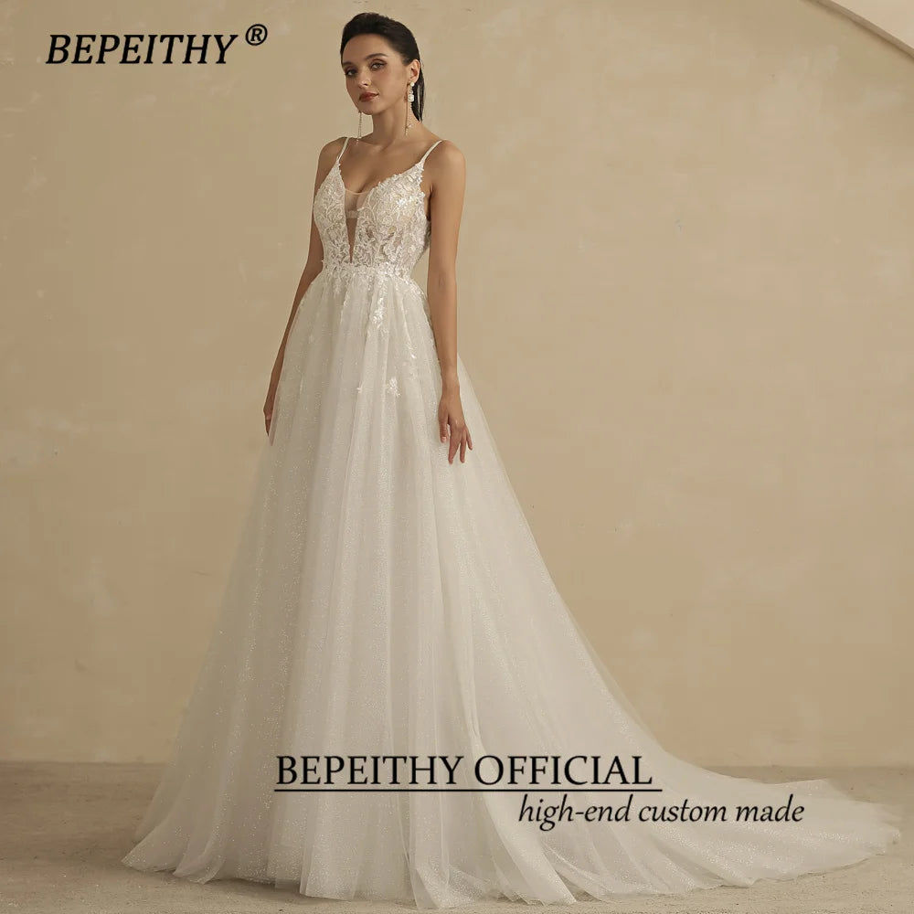 Deep V Neck Spaghetti Straps A Line Lace Wedding Dresses Glittler Sleeveless Boho Bridal Party Gown The Clothing Company Sydney