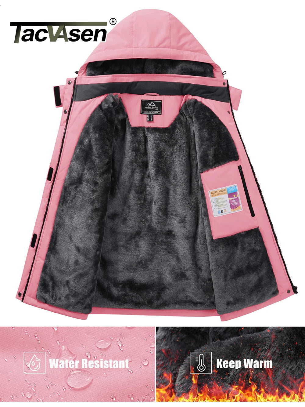 Women's winter fleece-lined waterproof ski jacket with hood, designed for snowboarding and mountain snow conditions by The Clothing Company Sydney.