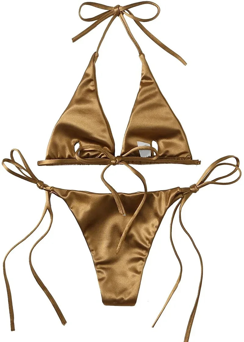 Two-piece Brazilian metallic satin bikini set with halter top and high-cut bottoms, perfect for beachwear and swimming.