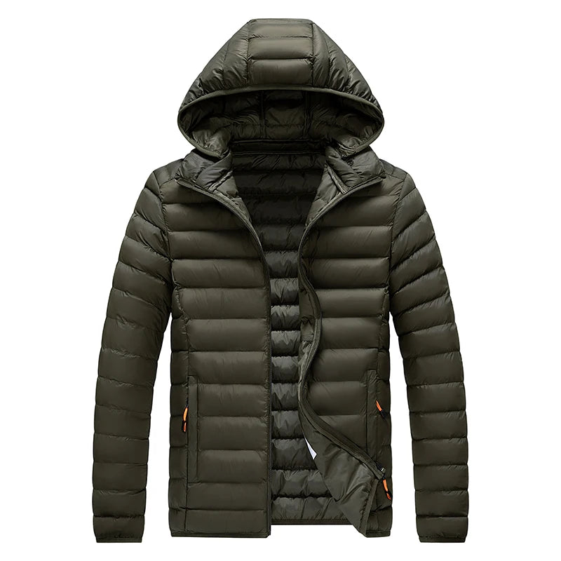 Men's hooded casual puffer down jacket by The Clothing Company Sydney, showing the insulated jacket with hood and front zipper.