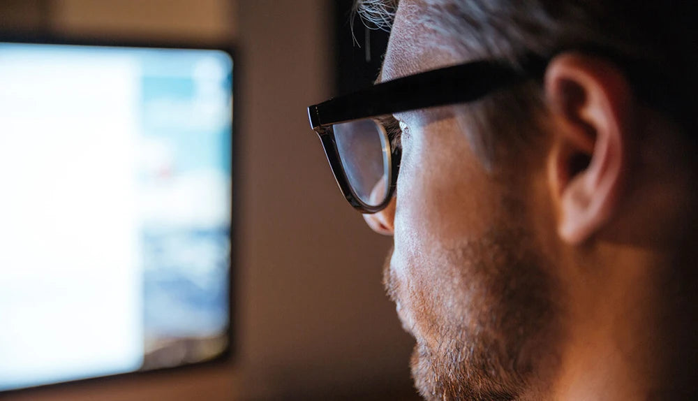 Square night vision blue light blocking glasses for men and women, computer and gaming eye protection by The Clothing Company Sydney.