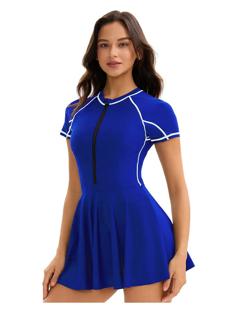 Women's one-piece swimdress with high neck, skirt, and sporty design in black by The Clothing Company Sydney