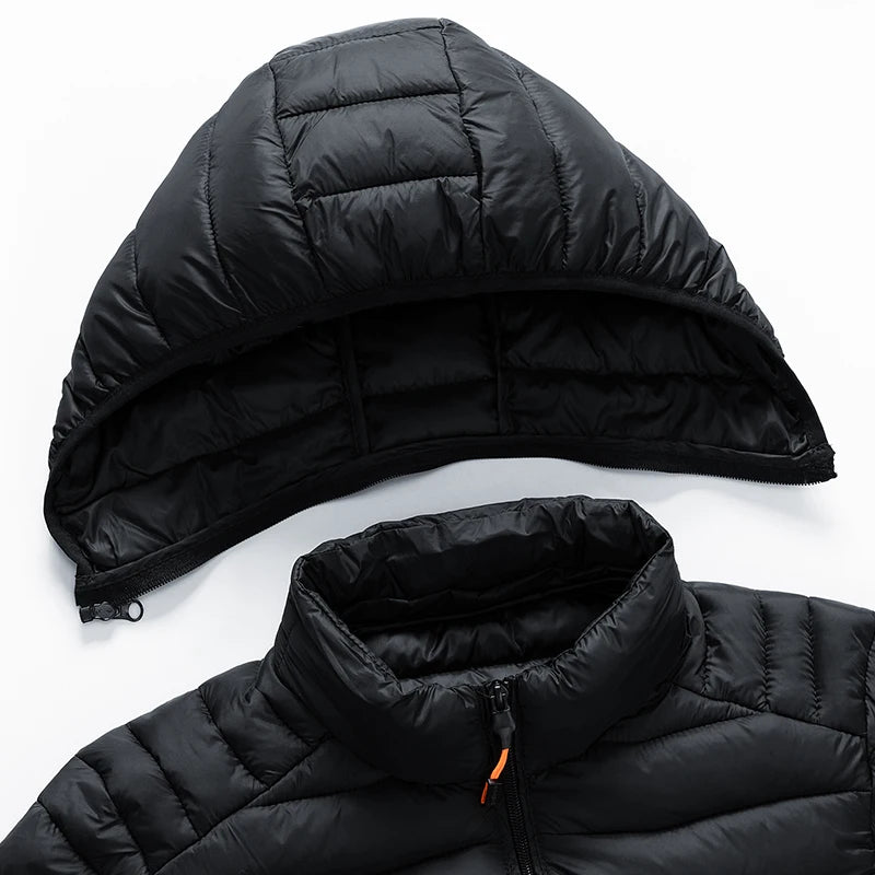 Men's hooded casual puffer down jacket by The Clothing Company Sydney, featuring a quilted design and front zipper closure.