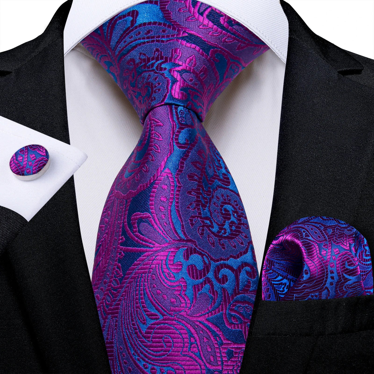 Luxury purple paisley silk tie set for men featuring an 8cm wide accessory, stylish and elegant from The Clothing Company Sydney.