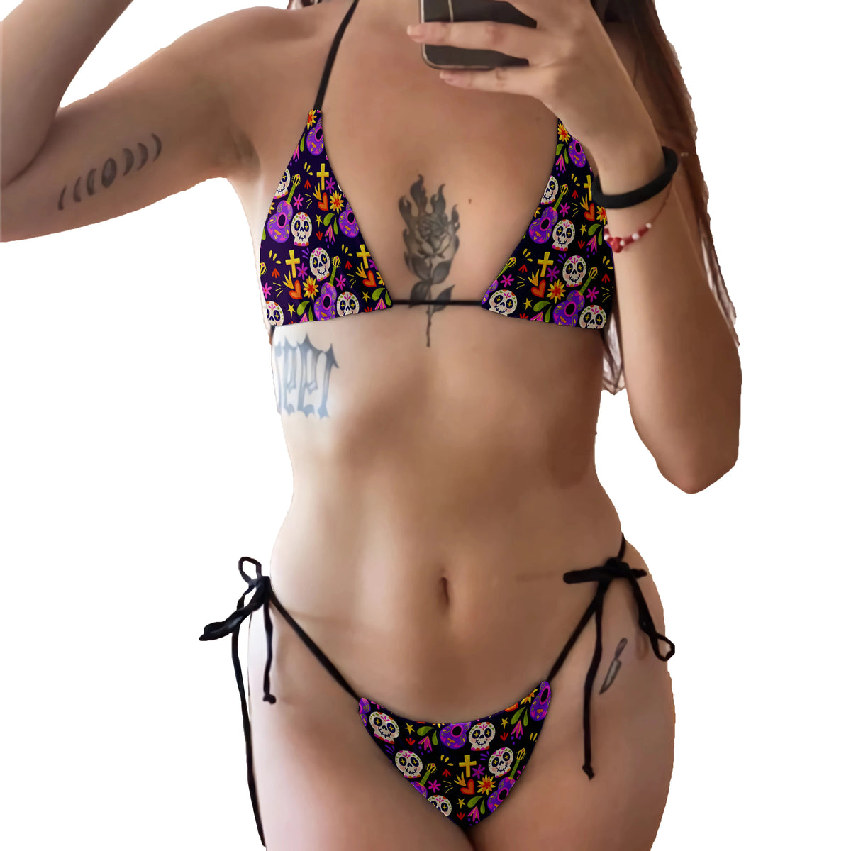 Women’s backless 2-piece bikini set with skull pattern, low waist, and printed design from The Clothing Company Sydney for beach and surf.
