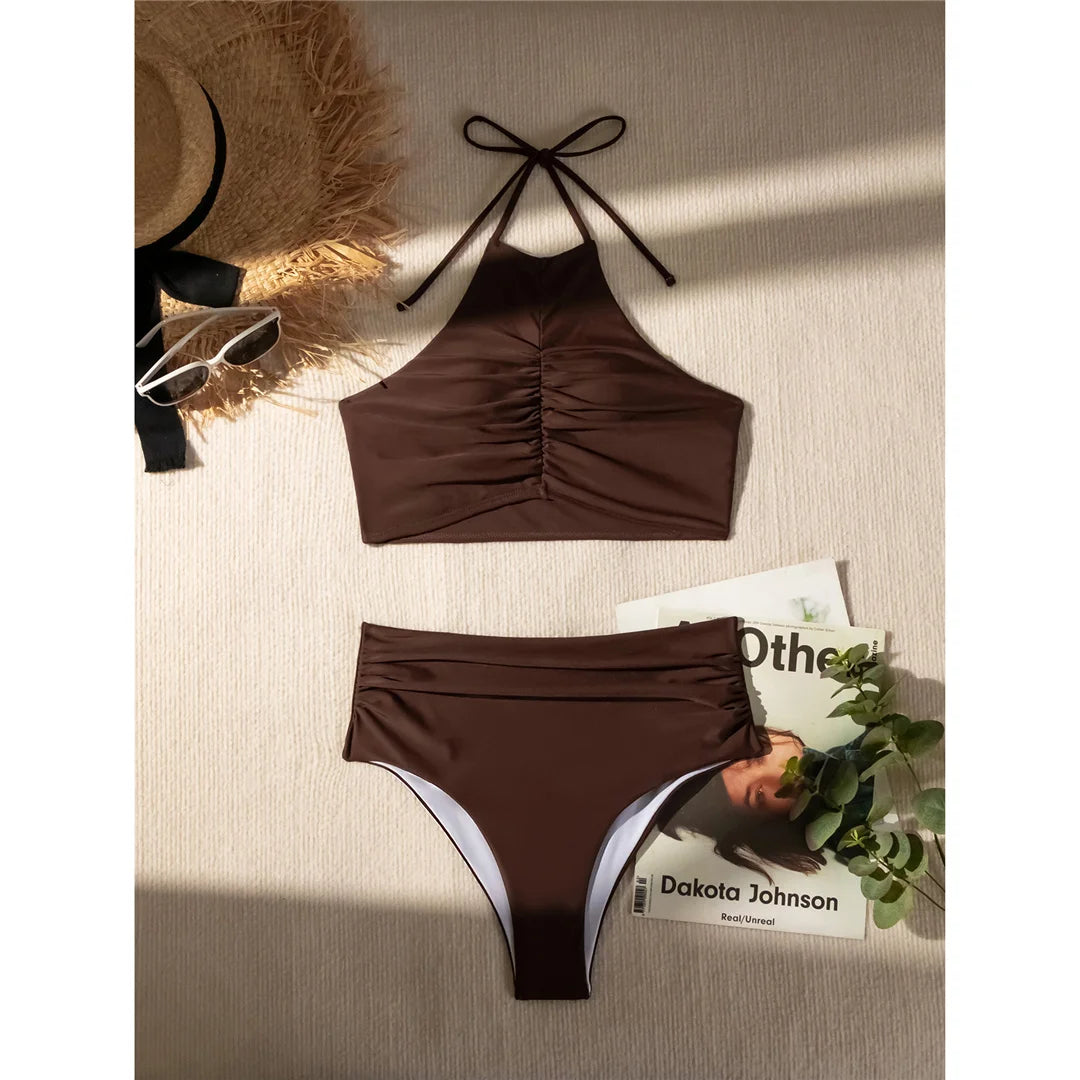 Halter high neck, wrinkled high waist bikini set for women, stylish two-piece swimwear by The Clothing Company Sydney.